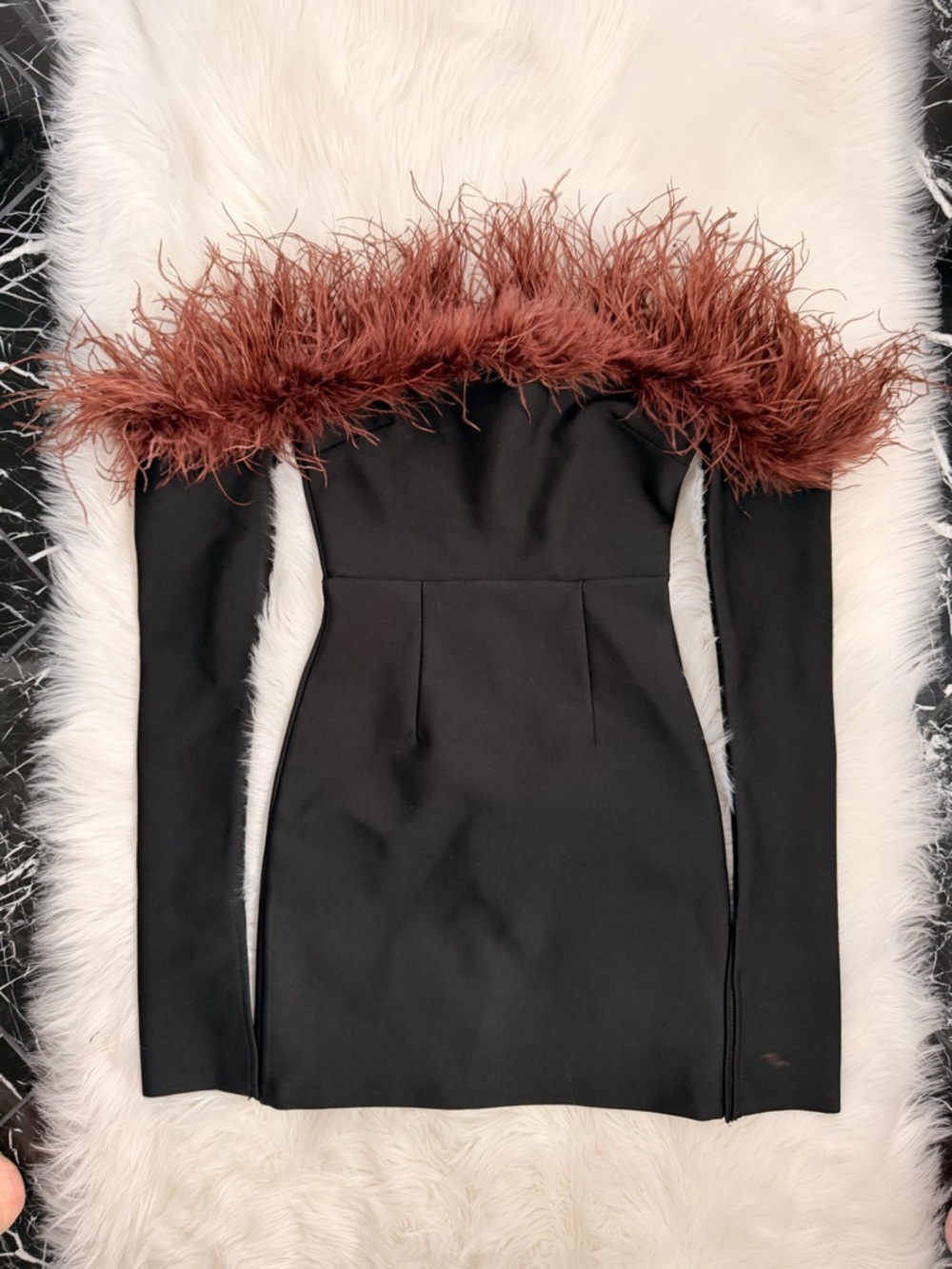 Custom off shoulder feather dress